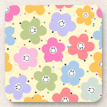 Retro Pastell Smiley Blommönster Drickaunderlägg