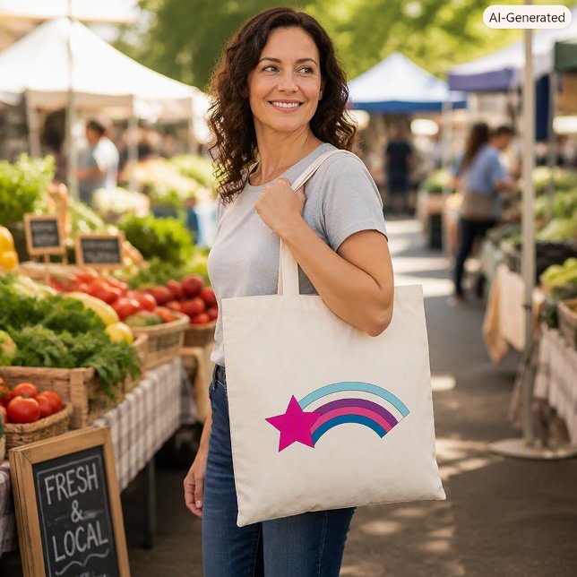 Retro Pastell Stjärna och Regnbågsbåge Tygkasse (A tote bag with a pink star and a pink, blue and purple rainbow)