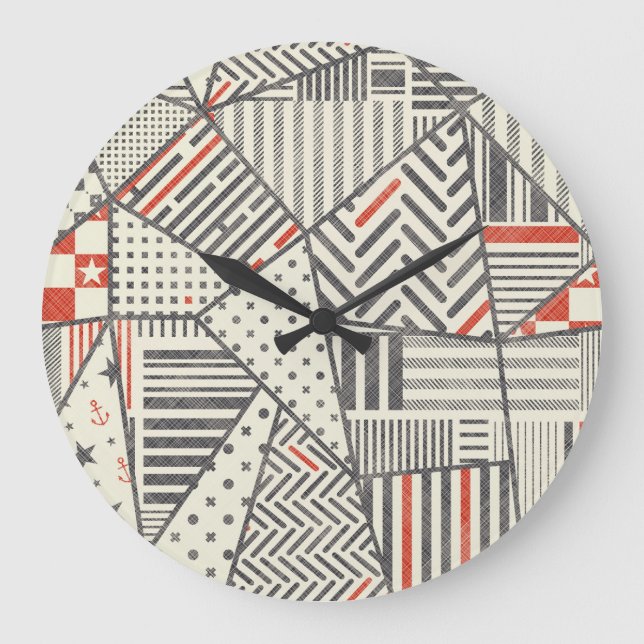 Retro Patchwork: Abstraktens geometriska design Stor Klocka (Framsida)