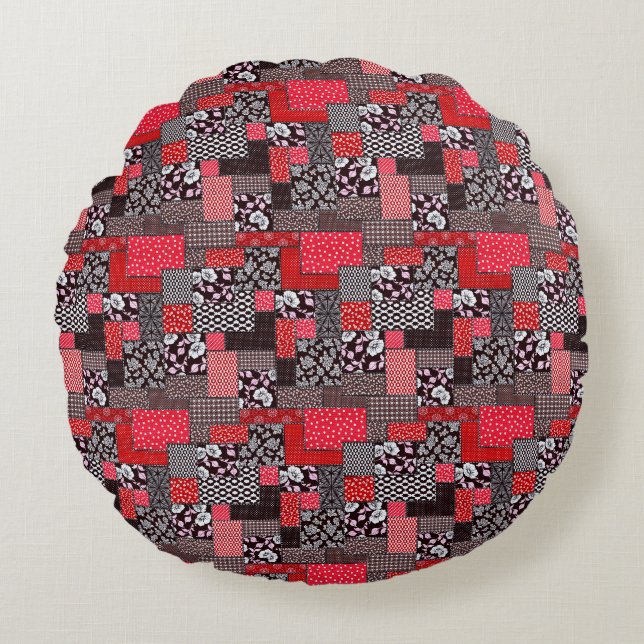 Retro Patchwork Blommig Quilt Mönster Rund Kudde (Framsidan)