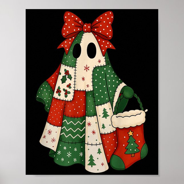 Retro Patchwork Christmas Ghost Coquette Bow X-mas Poster (Framsidan)