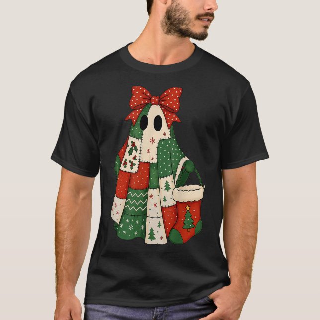 Retro Patchwork Christmas Ghost Coquette Bow X-mas T Shirt (Framsida)