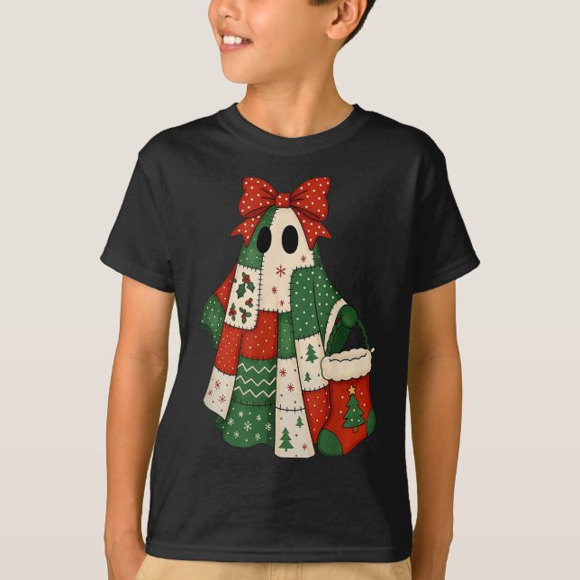 Retro Patchwork Christmas Ghost Coquette Bow X-mas T Shirt (Framsida)