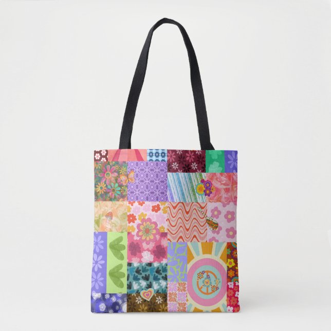 Retro Patchwork Groovy Boho Tote Bag Tygkasse (Framsida)