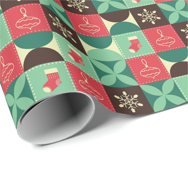 Retro Patchwork Julmönster Presentpapper (Rullad Hörn)