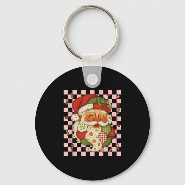 Retro Patchwork Jultomten jul Preppy Merry Nyckelring (Framsida)