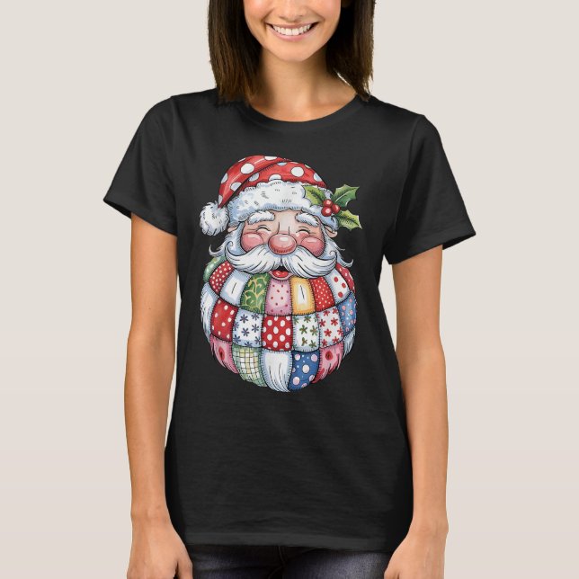 Retro Patchwork Jultomten jul Preppy Merry T Shirt (Framsida)