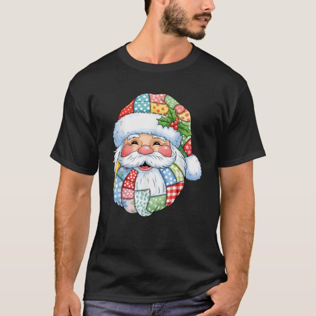 Retro Patchwork Jultomten jul Preppy Merry T Shirt (Framsida)