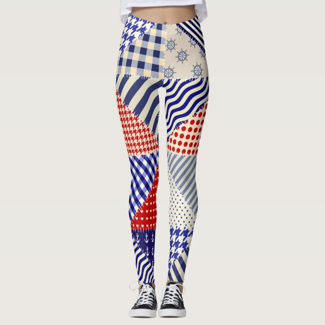 Retro Patchwork Triangles Nautical Stil Leggings (Framsida)