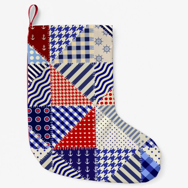 Retro Patchwork Triangles Nautical Stil Liten Julstrumpa (Framsidan)
