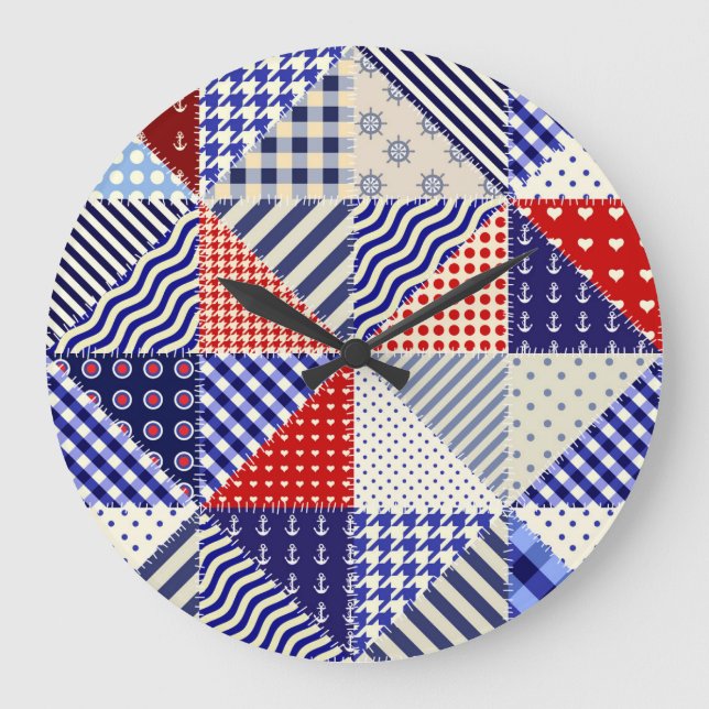 Retro Patchwork Triangles Nautical Stil Stor Klocka (Framsida)