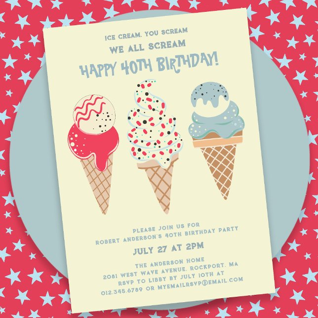 Retro Patriotic Ice Cream Cone 40:e födelsedagen Inbjudningar (Skapare uppladdad)