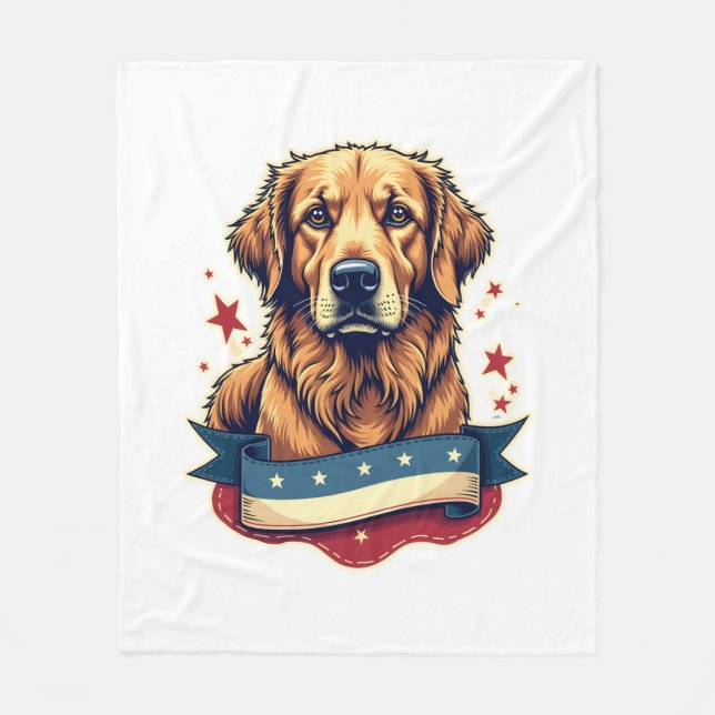 Retro Patriotisk Gravyr T-shirt för Golden Retriev Fleecefilt (Framsidan)
