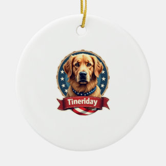 Retro Patriotisk Gravyr T-shirt för Golden Retriev Julgransprydnad Keramik