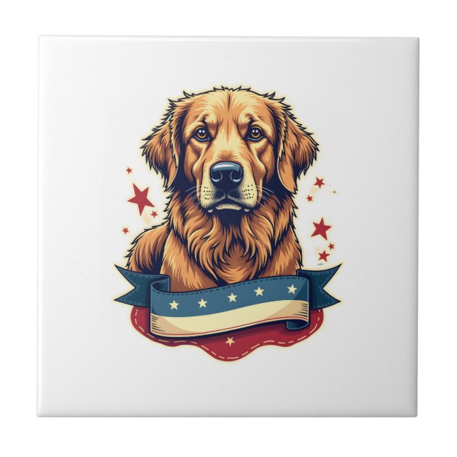 Retro Patriotisk Gravyr T-shirt för Golden Retriev Kakelplatta (Framsidan)
