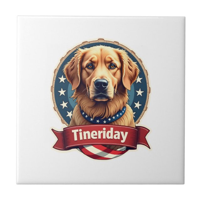 Retro Patriotisk Gravyr T-shirt för Golden Retriev Kakelplatta (Framsidan)