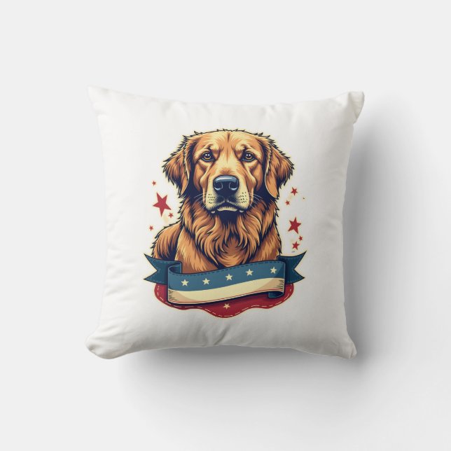 Retro Patriotisk Gravyr T-shirt för Golden Retriev Kudde (Framsida)