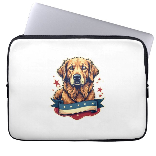 Retro Patriotisk Gravyr T-shirt för Golden Retriev Laptop Fodral (Framsidan)