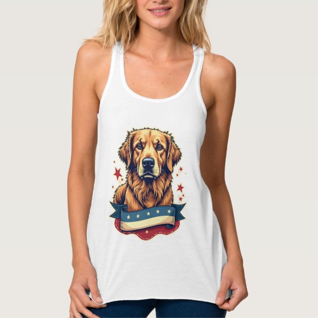 Retro Patriotisk Gravyr T-shirt för Golden Retriev Linne Med Racerback (Framsida)
