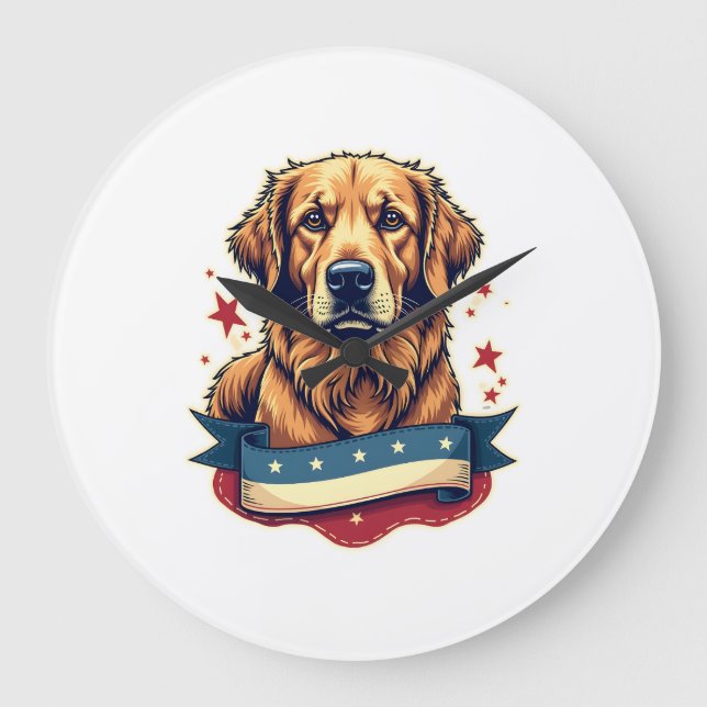 Retro Patriotisk Gravyr T-shirt för Golden Retriev Stor Klocka (Framsida)