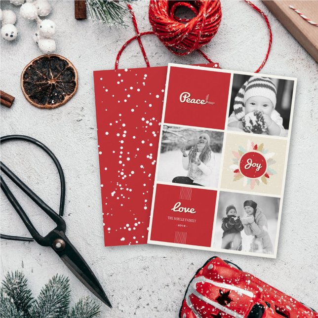 Retro Peace Kärlek Joy jul 3 Photo Collage Julkort (Skapare uppladdad)