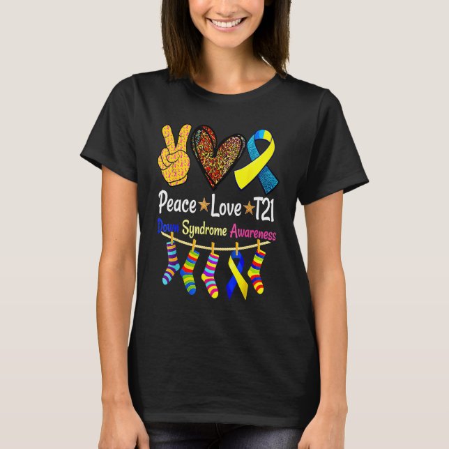 Retro Peace Love Cure Blue World Down Syndrome Awa T Shirt (Framsida)