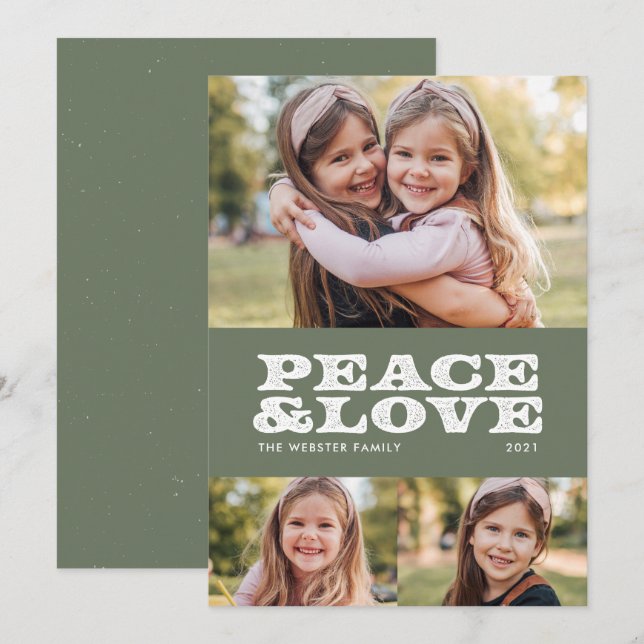 Retro peace och grönt kärlek tre foto julkort (Fram/baksida)
