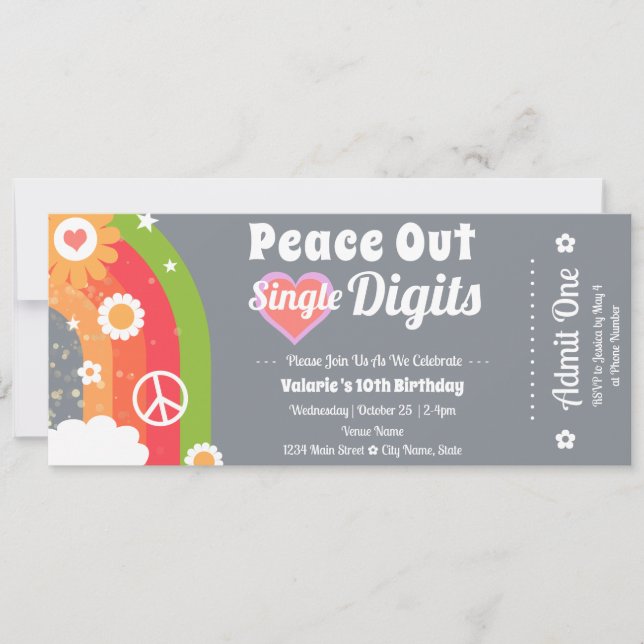 Retro Peace Out 10:e födelsedagen Biljett Inbjudningar (Framsida)