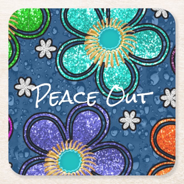 Retro Peace Out Hippie Stil Flower Power Mönster Underlägg Papper Kvadrat (Framsidan)
