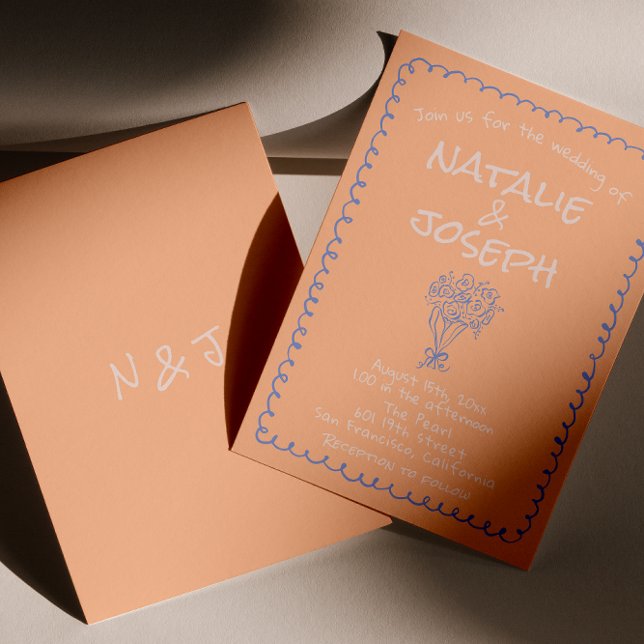 Retro Peach Blue Hand Drawn Funky Quirky Wedding Inbjudningar (Skapare uppladdad)