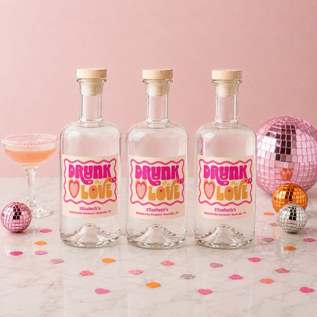 Retro Peach Drunk i Kärlek Bachelorette Helg Spritflaskor Etikett (Retro Peach Drunk in Love Liquor Bottle Label)