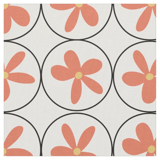 Retro Peach Floral Tile - Combed Cotton Fabric Tyg (Närbild)
