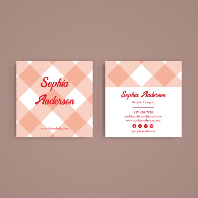 Retro Peach Gingham Mönster Fyrkantigt Visitkort (Skapare uppladdad)