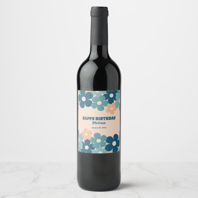 Retro Peach Grönt Boho Flower 40:e födelsedagen Vinflaska Etikett (Framsida)