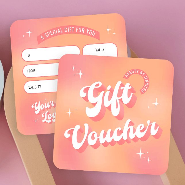 Retro Peach Groovy Nagel Beauty Salon Gift Voucher Fyrkantigt Visitkort (Embrace the nostalgia with this retro business gift voucher design, featuring groovy 70s design)