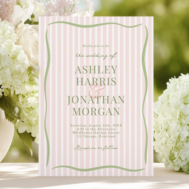 Retro Peachfärgad Rosa & Salvia Randigt Bröllop Inbjudningar (Skapare uppladdad)