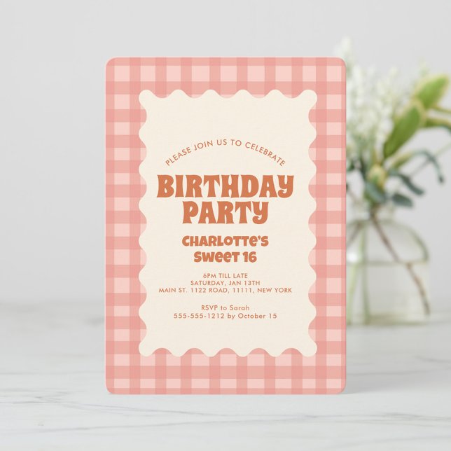 Retro Peachy Checker Sweet 16 Födelsedagsfester Inbjudningar (Skapare uppladdad)