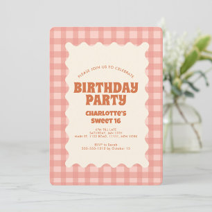 Retro Peachy Checker Sweet 16 Födelsedagsfester Inbjudningar