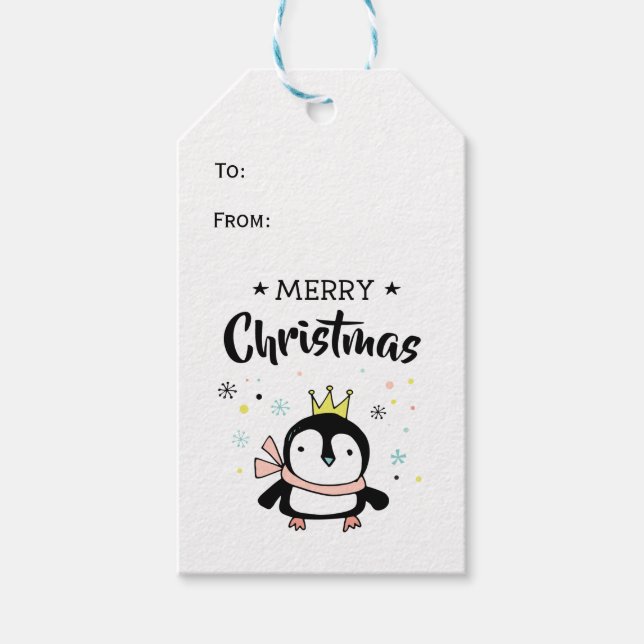 Retro penguin god jul guld krona presentetikett (Framsidan)