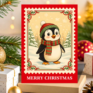 Retro Penguin jul Postage Frimärke Helgkort