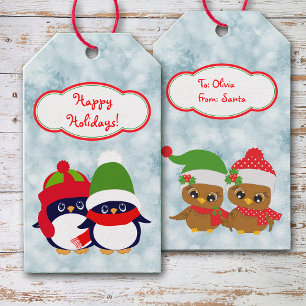 Retro Penguin och Uggla Spädbarn jul Presentetikett