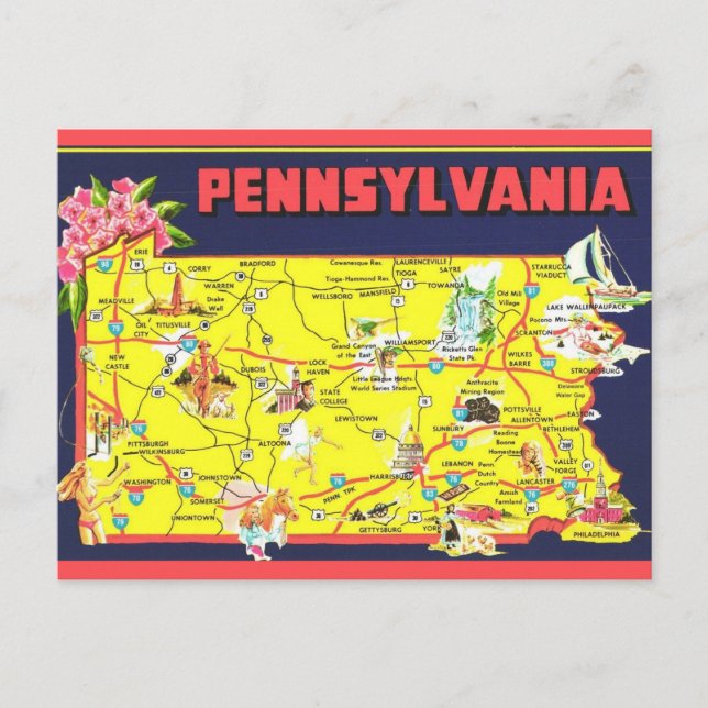 Retro Pennsylvania Karta Vykort (Framsida)