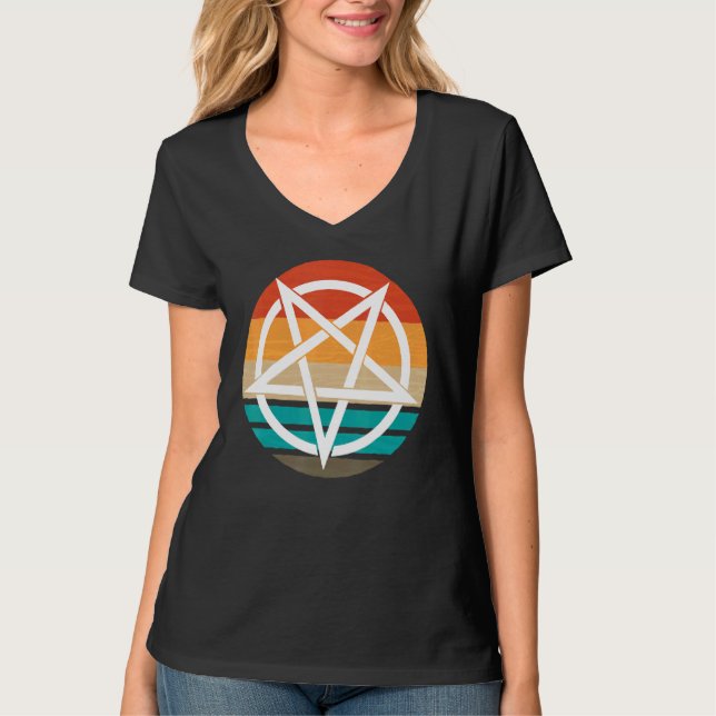 Retro Pentagram Djävulen 666 T Shirt (Framsida)