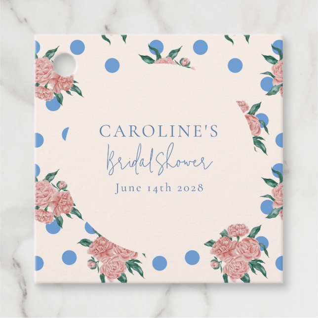 Retro Peony Blommig Blå Prickar Bröllopsfest Anpas Gåvor Etiketter (Framsida)