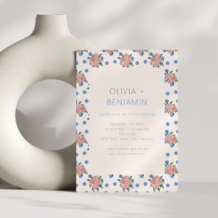 Retro Peony Blommigt Garden Blue Dots Bröllop Inbjudningar