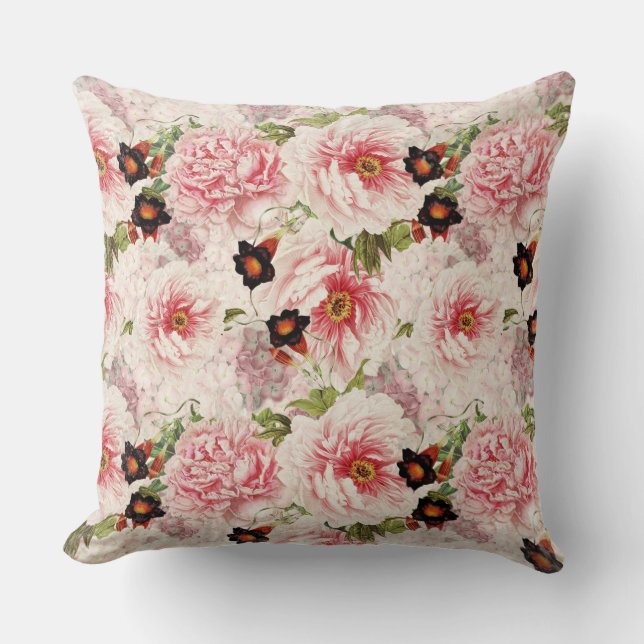 Retro Peony Flower Vår painterly Mönster Kudde (Framsida)