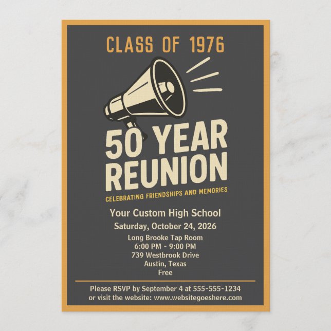 Retro Pep Rally Style 50 Year Class Reunion Inbjudningar (Framsida)