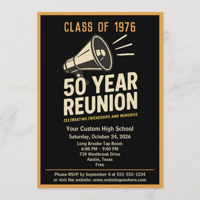 Retro Pep Rally Style 50 Year Class Reunion Inbjudningar (Framsida)