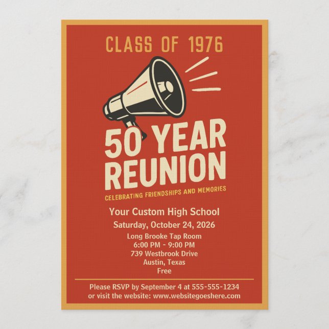 Retro Pep Rally Style 50 Year Class Reunion Inbjudningar (Framsida)