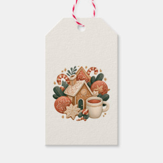 Retro pepparkakshus med kakao och kakor presentetikett
